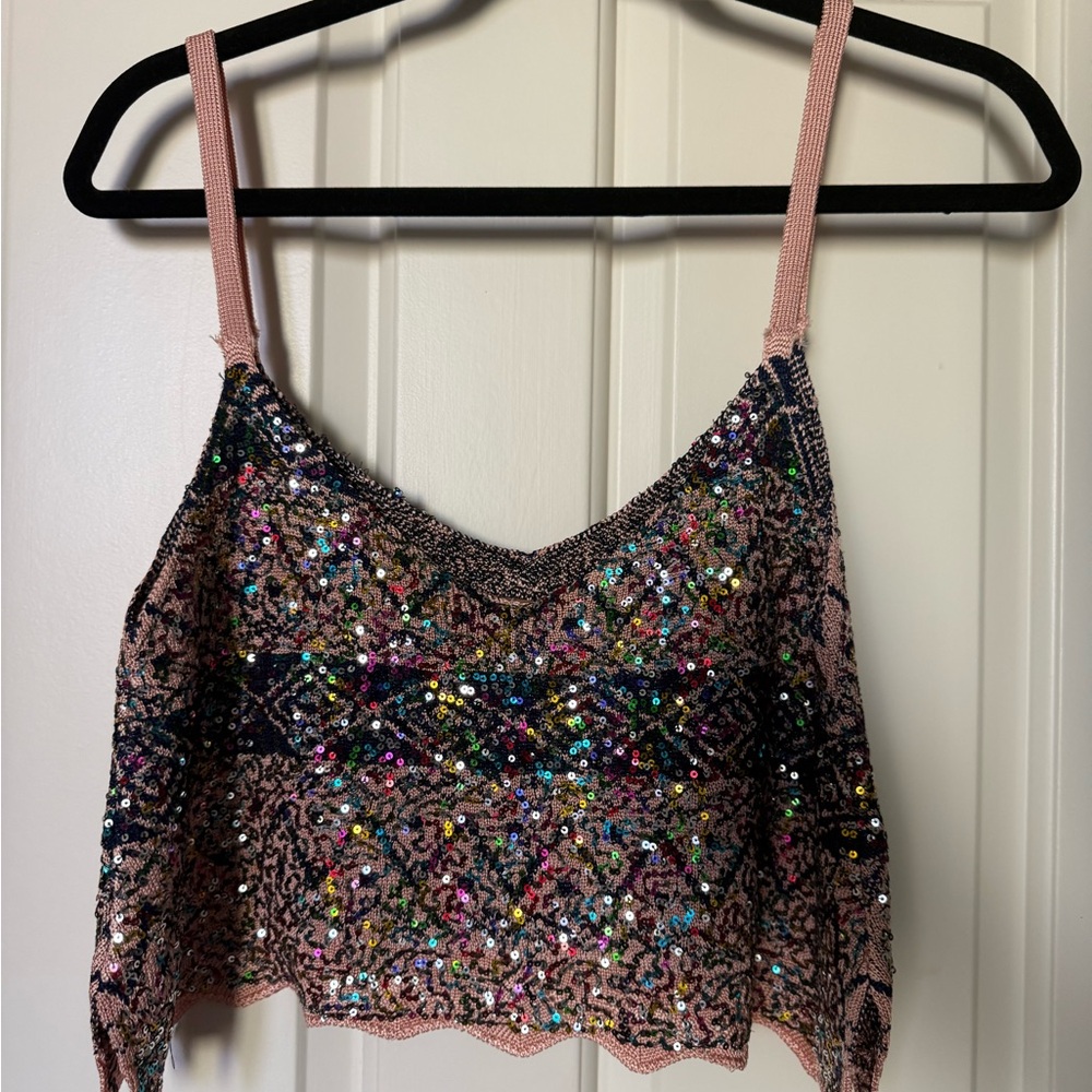 Free People Twilight Rose Combo Tank Sequin Crop Camisole in Pink and Blue XS - Picture 4 of 5